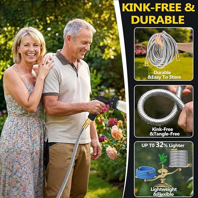 150 ft Stainless Steel Garden Hose - 2026 New Technology Metal Water Garden Hoses with 3/4" Solid Fitting - Lightweight,Ultra Flexible,Durable,Kink-Less Watering Pipes Garden Hoses For Yard, Outdoor