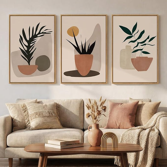 Framed Boho Botanical Canvas Wall Art Prints, Elegant Boho Plant Pictures