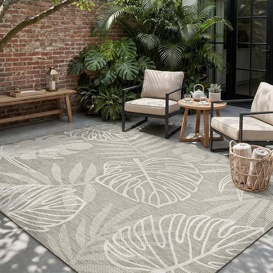 MontVoo-Outdoor Rug-Patio Rug 5x7 ft Polypropylene Indoor Outdoor Rugs Outdoor Carpet for Patio Deck Balcony Porch, Textured Weave, Durable for High Traffic, Fade-Resistant, Tropical Silver Grey