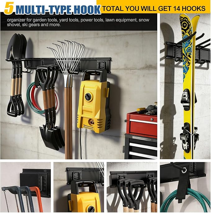 18Pack Garage Tool Organizer Wall Mount, 66'' Garage Wall Tool Organizer with 14 Adjustable Hooks, 750lbs Heavy Duty Garage Accessories for Men, Tool Hangers for Garage Wall Garden Yard Tool Shed