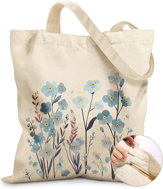 Miss Adola Canvas Tote Bag for Women â Aesthetic Canvas Bag with Zipper Cute Stylish Reusable Shoulder Totes for Shopping Work Daily Vacation, Blue Flowers