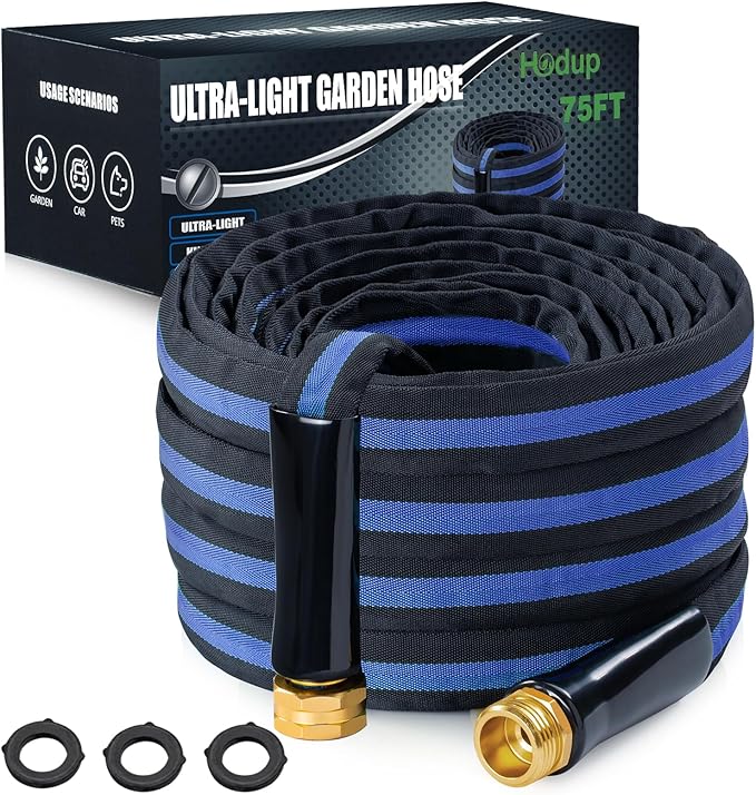 Ultra Lightweight 75FT Garden Hose - Heavy-Duty Kink-Free Flexible Hose, Non-Expanding Design with Aluminum Brass Fittings, Crush-Proof for Yard/Lawn/Outdoor Use(black-blue, 75 FT)