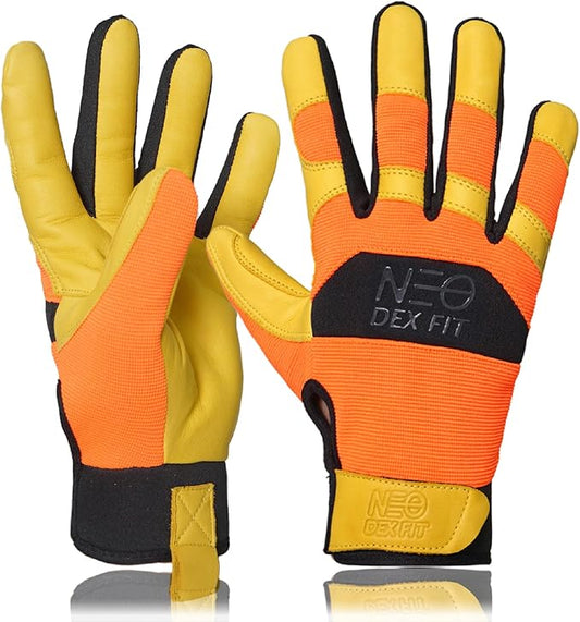 DEX FIT MG210P Mechanic Work Gloves, Waterproof Cowhide Leather Palm, Breathable Mesh Back, 3D Ergonomic Fit for Auto Repair, Construction, Gardening; Orange/Gold XL 1 Pair