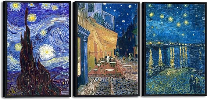 Wieco Art Black Framed 3 Panels Canvas Prints of Vincent Van Gogh Paintings