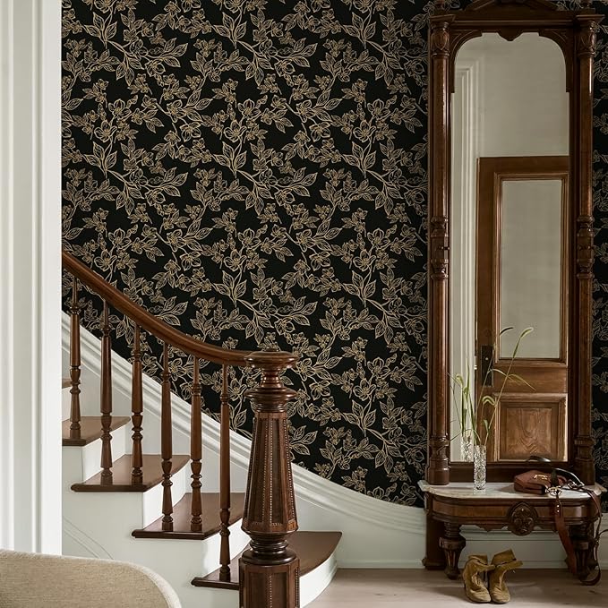 Ismoon Peel and Stick Wallpaper Black and Gold Stick on Wallpaper Dark Floral