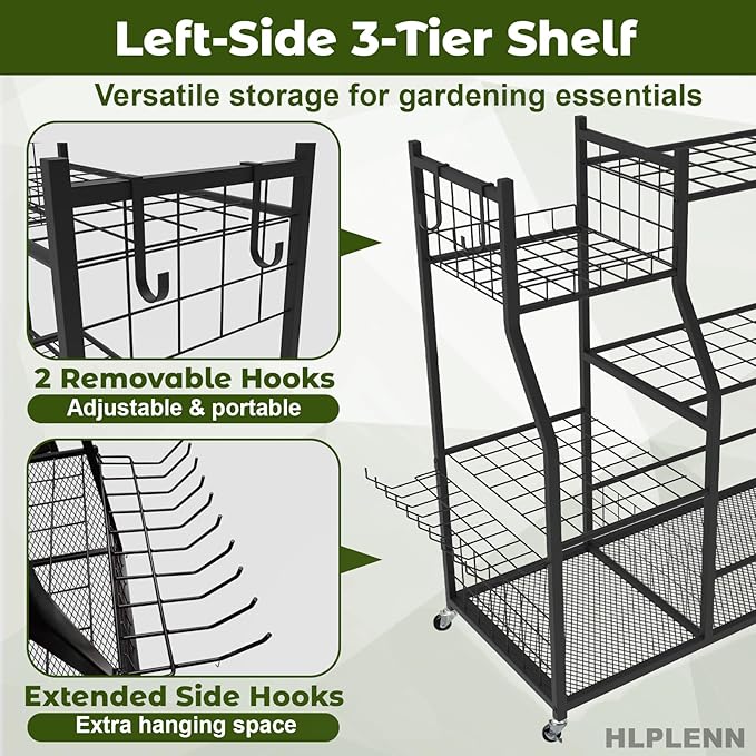 Large Garden Tool Organizer with Wheels, Yard Tool Organizer Stand for Long Handled Tools, Indoor/Outdoor Metal Yard Tool Storage Rack Cart for Garage, Shed, Garden