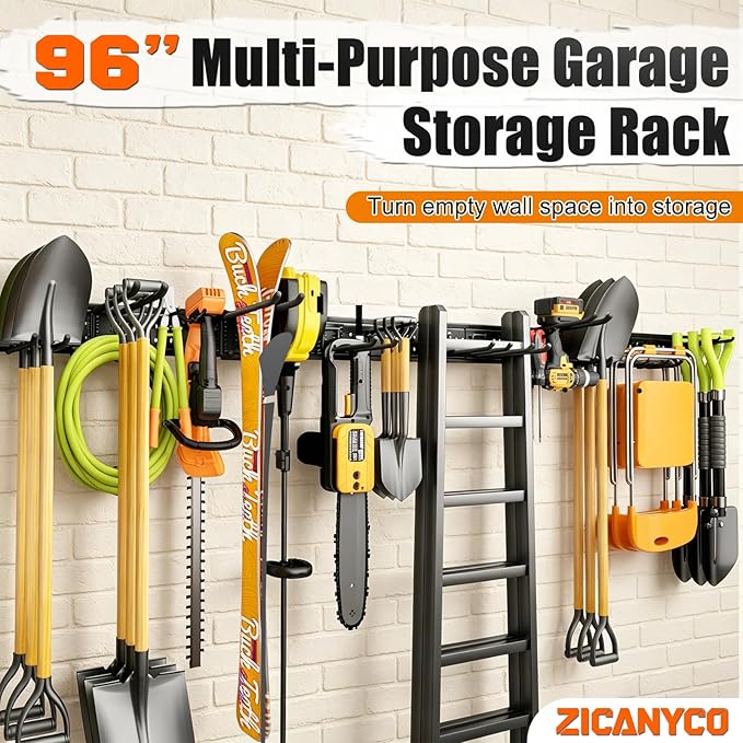 Garage Tool Organizer Wall Mount 99 inches with 18 Adjustable Heavy-Duty Hooks, Garage Organization, Garden Tool Storage Rack for Garage, Yard, and Shed, Holds Up to 750 lbs