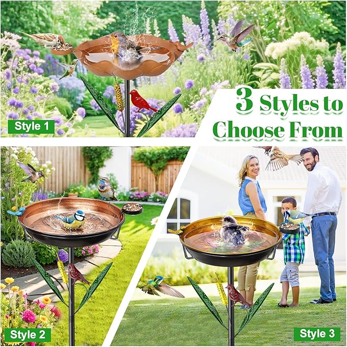 2-in-1 Bird Baths for Outside, 11.8” Diameter x 2” Deep Metal Removable Bird Feeder Water Bowl with Upgraded 5 Prongs Base, 33.5" Freestanding Garden Birdbaths for Outdoors Patio Yard Lawn Art Decor