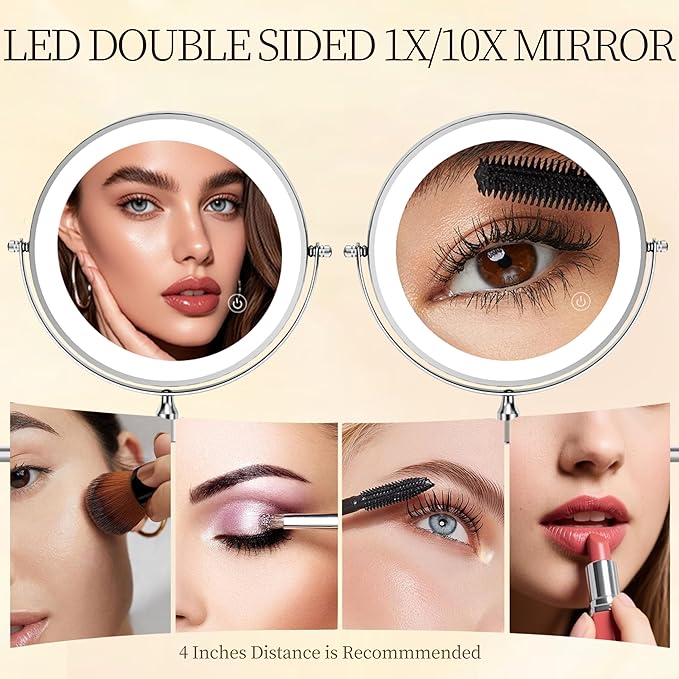 Rocollos Rechargeable Wall Mounted Lighted Makeup Mirror Chrome, 8 Inch
