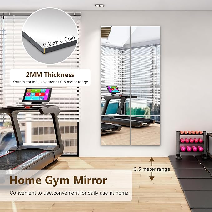Shiftshade 4 Pack Wall Mirror Full Length, 12 x 12 Inch Acrylic Mirror Tiles