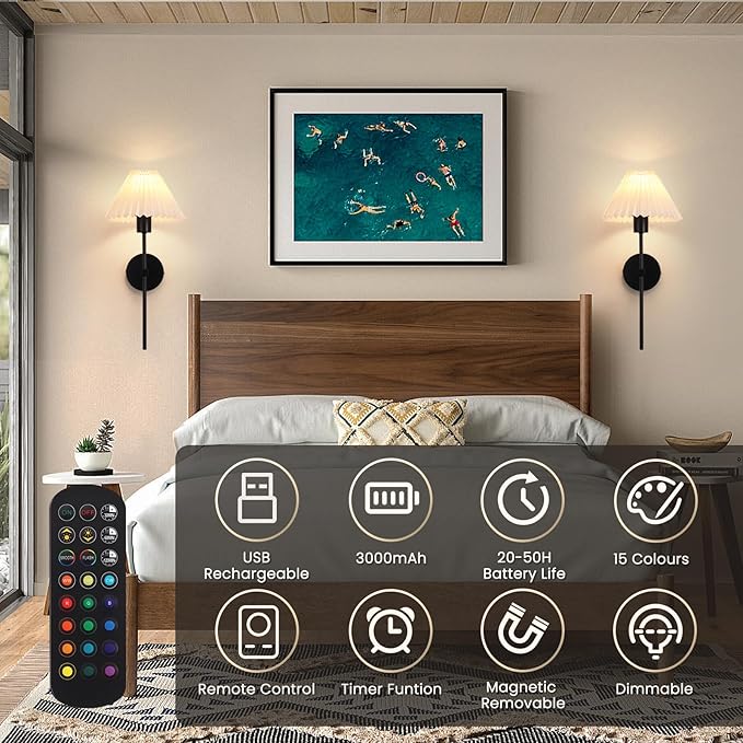 Rechargeable Battery Operated Wall Sconces Sets of 2, 15 Colors Wireless Wall