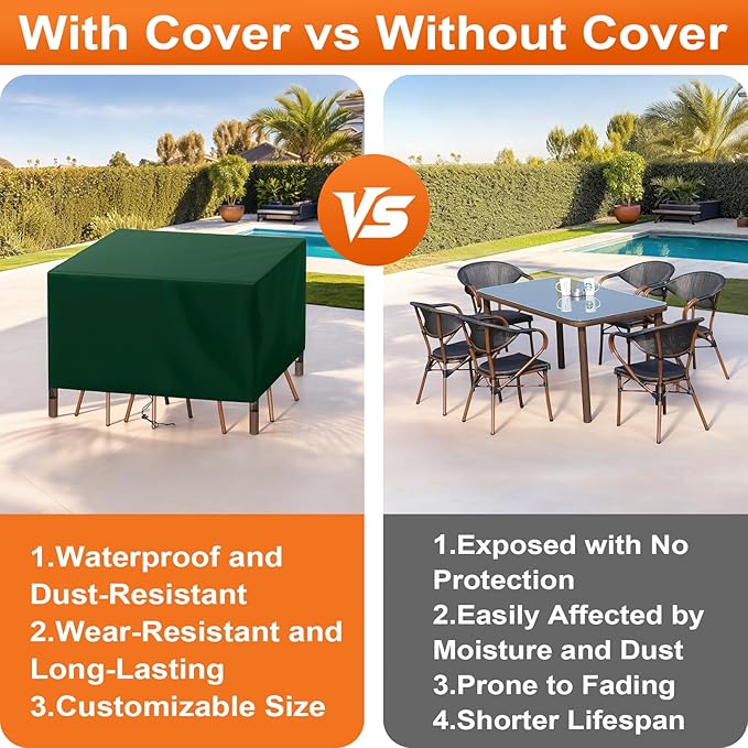 Patio Furniture Cover Rectangle 64"(L) x 36"(W) x 32"(H), Custom Heavy Duty 420D Waterproof Outdoor Cover with Drawstring & Buckles for Table Chair Garden, Green