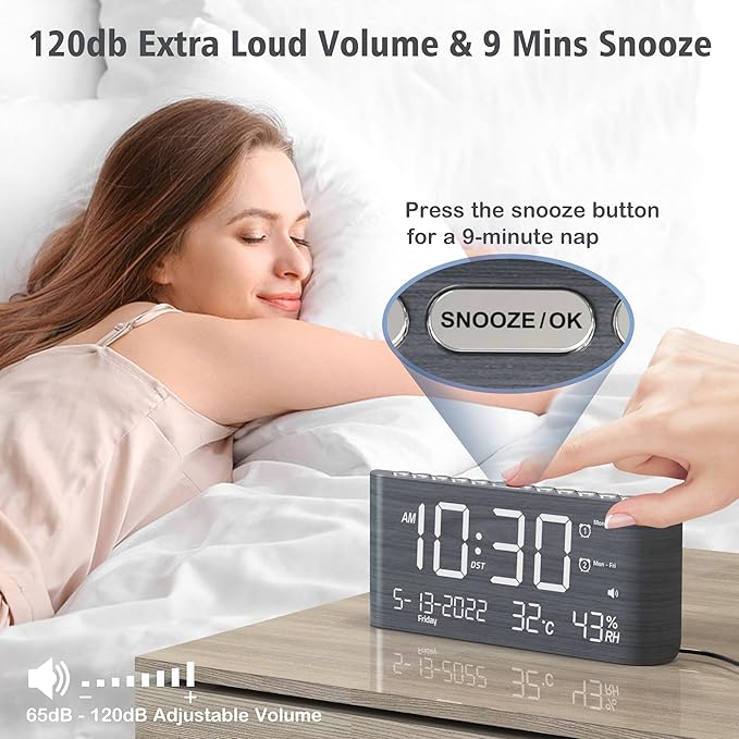 Mesqool Digital Alarm Clock, with Calendar Temperature and Humidity, Loud Volume, Dual Alarm, USB and Type-C Charging Ports, Dimmer, 12/24H, Snooze, Stylish Wood Grain Pattern Digital Clock for Décor