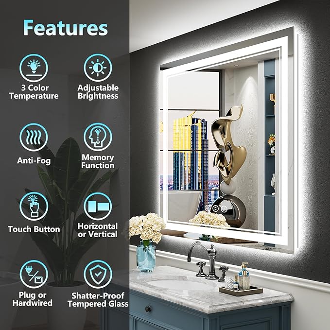 36x36 LED Bathroom Mirror with Lights, Backlit and Front Lit Anti-Fog Lighted