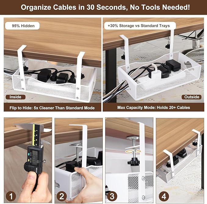 Extra Wide Under Desk Cable Management - No Drill Installation Cable Management Tray, Modern Cord Organizer for Office/Home Desk, Fits Power Strips & Wires((White, XL)