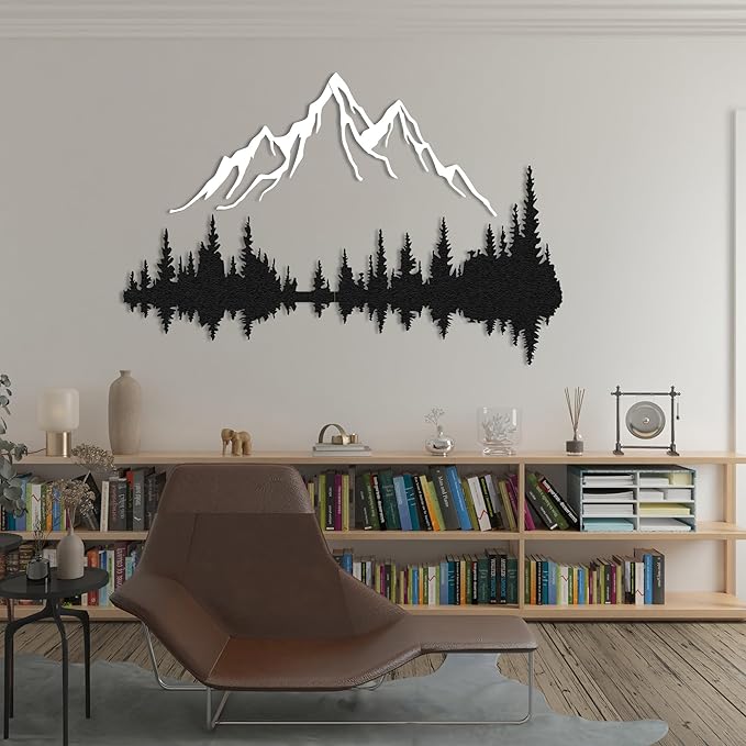 WOCHMANN,Mountain Lake Forest Large Metal Wall Art Black Minimalist Nature Silhouette Wall Decor Outdoor Landscape Wall Sculpture for Living Room, Bedroom, Kitchen or Office (Black & White, 47W'' x 31L'', Unframed)