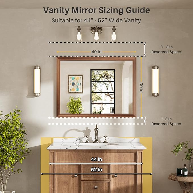 40x30 Inch Bathroom Mirror for Wall, Anti-Rust Walnut Wood Grain Metal Framed