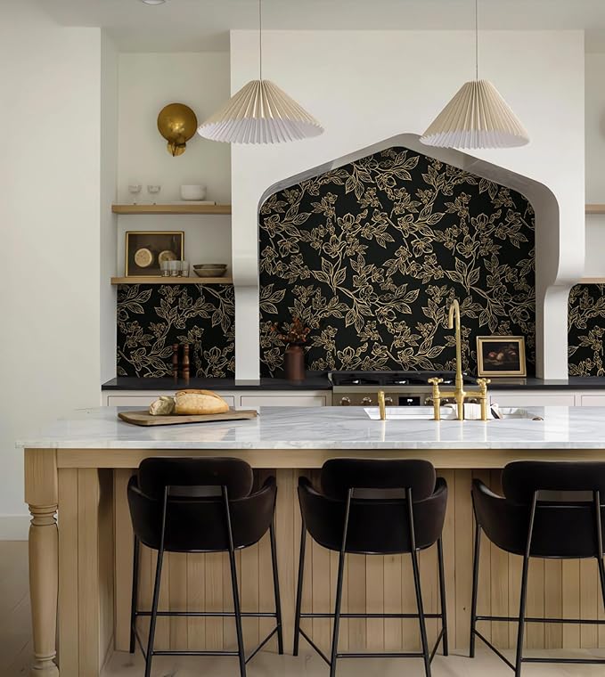 Ismoon Peel and Stick Wallpaper Black and Gold Stick on Wallpaper Dark Floral