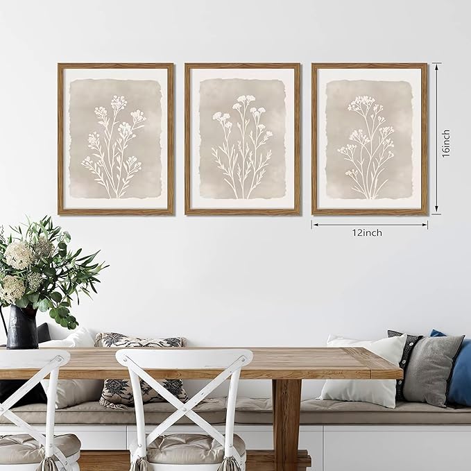Framed Boho Botanical Flower Wall Art Set of 3, Vintage Minimalist Neutral
