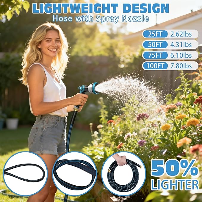 Halfjuly Garden Hose 25FT, Flat Non-Expandable Lightweight Water Hose, Durable Flexible Heavy Duty No Kink Design with 3/4" Fittings, 10 Way Spray Nozzle for Outdoor Yard Lawn