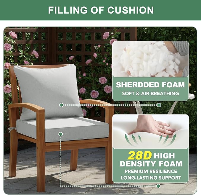 Summsun Patio Cushions for Outdoor Furniture, Faux Linen Water Resistant Backrest and Deep Seat Cushion Set with Non-Slip Bottom, Ties, Removable Cover, 22 x 22 Inch, Light Grey, Set of 4