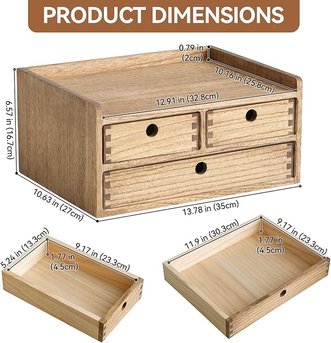 KIRIGEN Desk Organizer with Drawers - Wood Drawer Storage Box with Trays for Tabletop - Workspace Office Toiletries Supplies Tool Caddy - Wooden Storage Cabinet Dark Brown（DT2D3C-DBR）