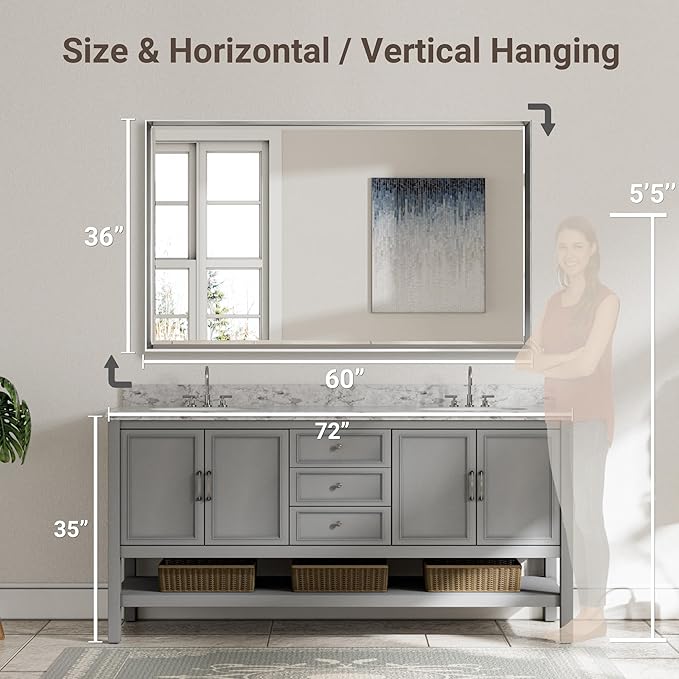 60'' x 36'' Large Beveled Silver Bathroom Vanity Mirror, Shatterproof Rectangle