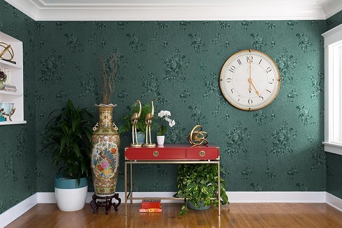 Erfoni 394"x17.7" Dark Green Floral Embossed Wallpaper