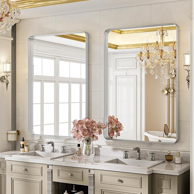 VooBang Bathroom Mirror 24x32 inch, Modern Round Corner Bathroom Vanity Mirror