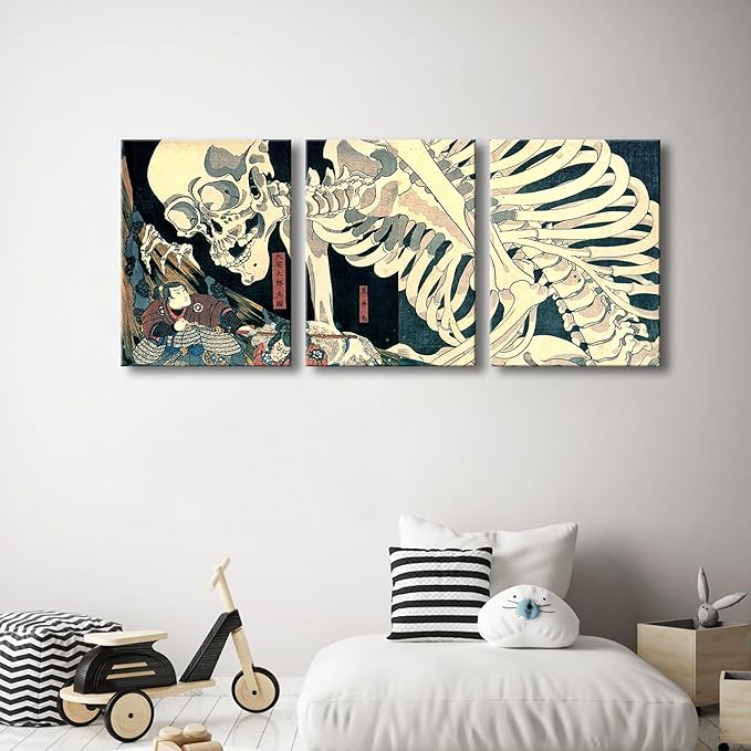 Wieco Art 3 Piece Witch and Skeleton Ukiyo-E by Utagawa Takiyasha Historic