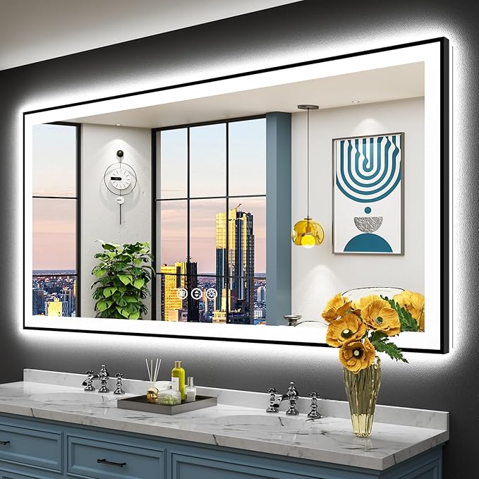 72x36 Black Framed LED Bathroom Mirror