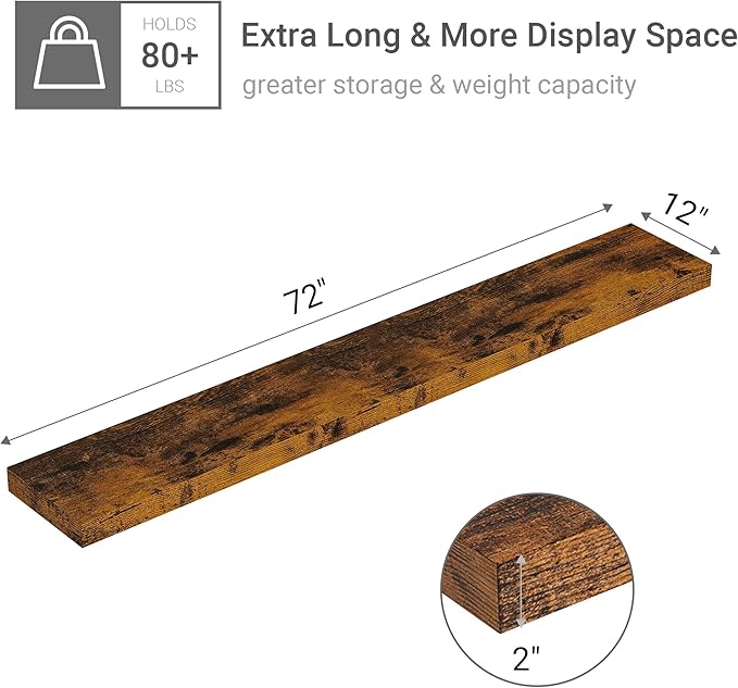 Vivelove 12 Inch Deep Floating Shelves 72 inch Long, 72 x 12 Wide Wall Shelves