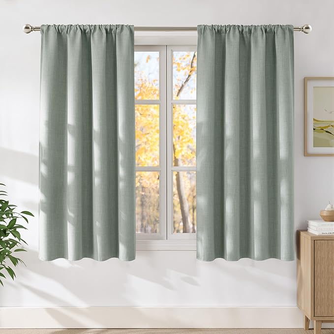 NICETOWN Sage Green Faux Linen Room Darkening Rod Pocket Curtains 63 inch Length