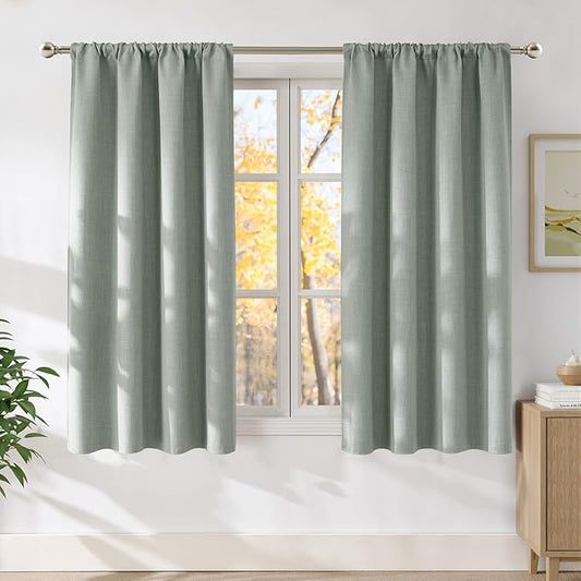 NICETOWN Sage Green Faux Linen Room Darkening Rod Pocket Curtains 63 inch Length