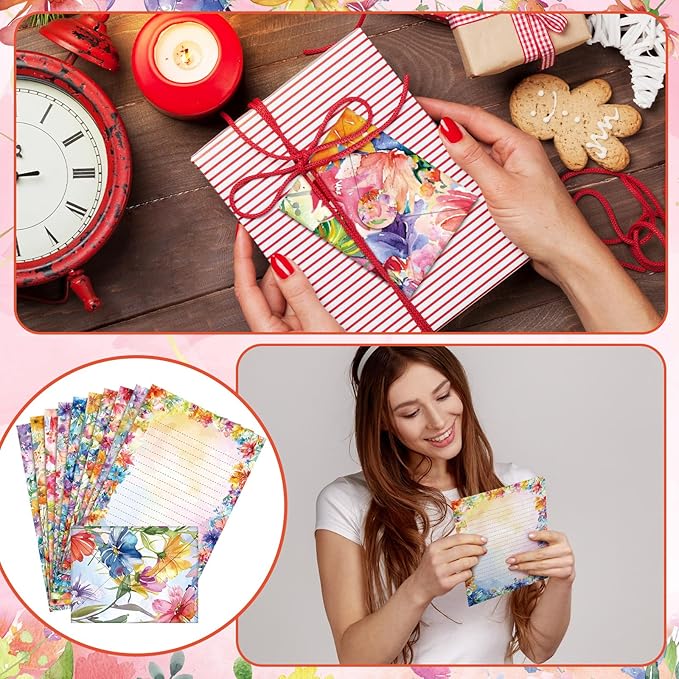 TaoBary 160 Pcs Stationery Paper Set 50 Double Sided Stationery Papers with 50 Matching Envelopes and 60 Round Dot Sticker, 10 Design(Bright Floral,5.5 x 8.25 Inch)