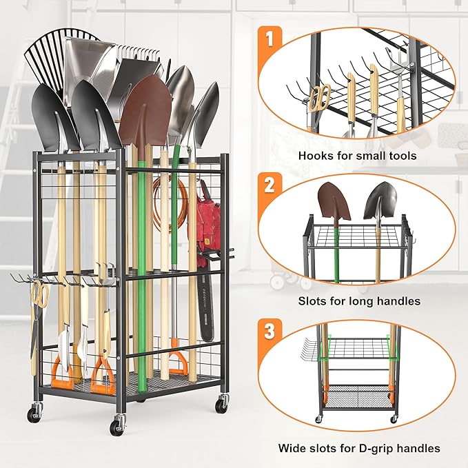 TORACK Garden Tool Stand with Wheels, Rakes Shovels Holder Yard Tools Organizer for Garage, Garden, Shed Indoor/Outdoor Long-Handled Tools Cart(Tool stand)