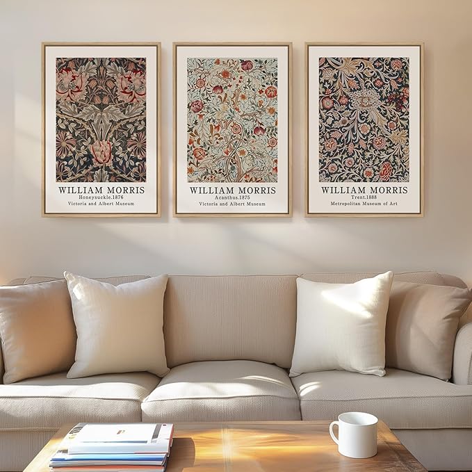 Framed William Morris Canvas Wall Art Set of 3, Vintage Boho Floral Paintings