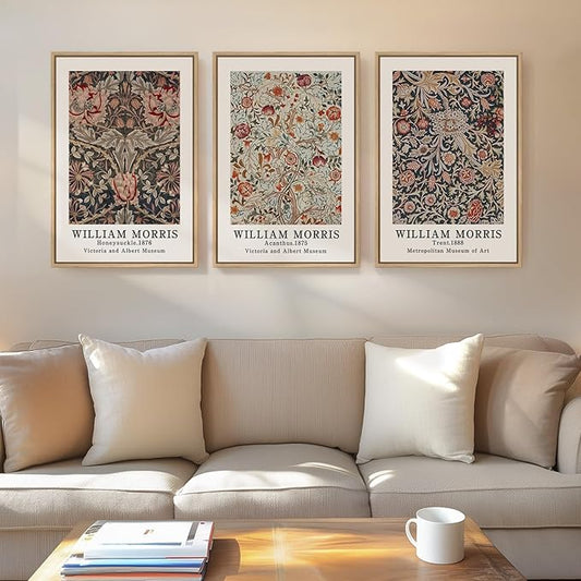 Framed William Morris Canvas Wall Art Set of 3, Vintage Boho Floral Paintings