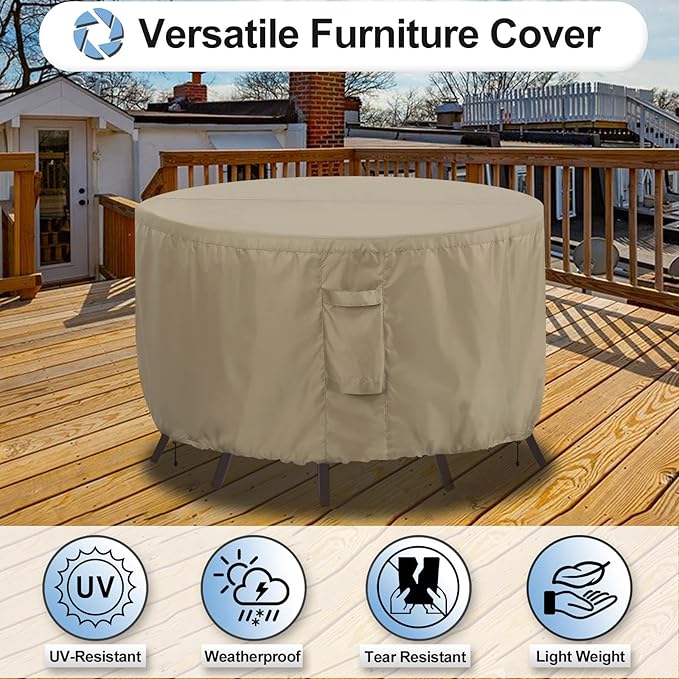 OutdoorLines Outdoor Waterproof Patio Table Furniture Set Covers - Round Couch Sectional Cover Outside Weatherproof Patio Furniture Covering for Deck, Lawn and Backyard 96" dia x 28" H, Camel