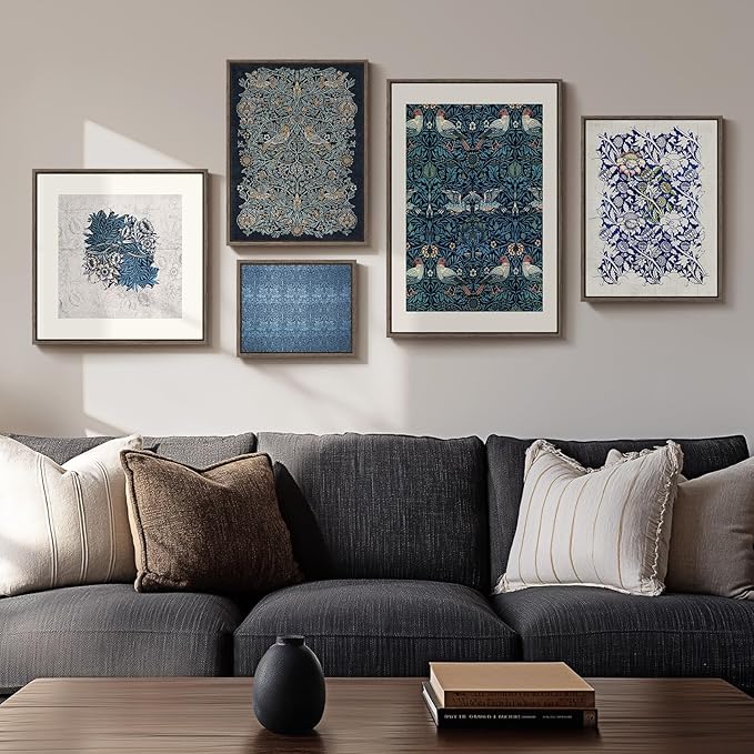 Framed William Morris Wall Art for Living Room, 5 Piece Large Vintage Blue