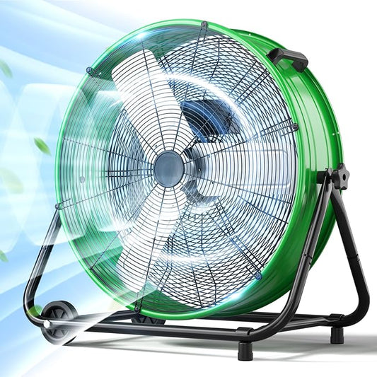 LifePlus 24 Inch Industrial Drum Fan High Velocity Floor Shop Fan 3 Speed, Heavy Duty Metal Air Circulator with Adjustable Tilt & Large Wheel for Warehouse, Garage, Factory, Patio, Barn, Green