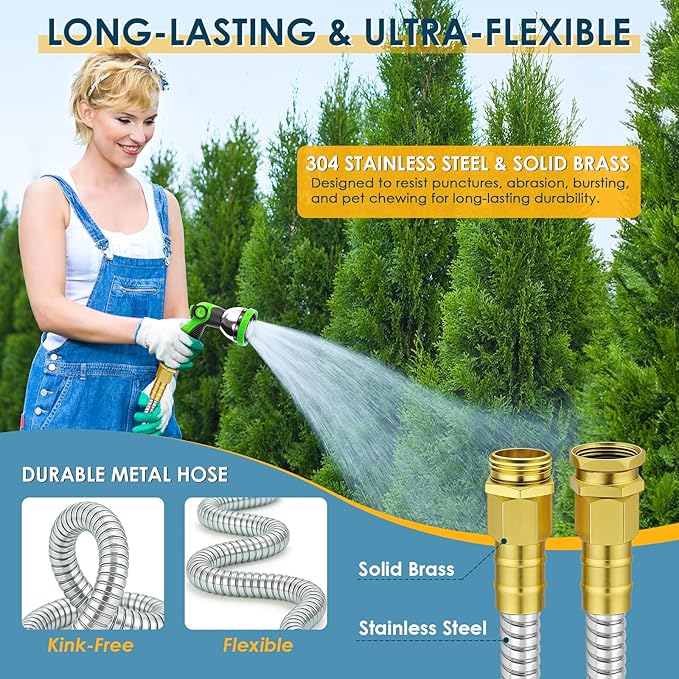 25 FT Stainless Steel Garden Hose with 10-Function Spray Nozzle, Kink-Free Flexible Metal Water Hose, Solid Brass 3/4'' Connectors, Heavy Duty, Durable, Leak-Proof, Lightweight, Tangle-Free