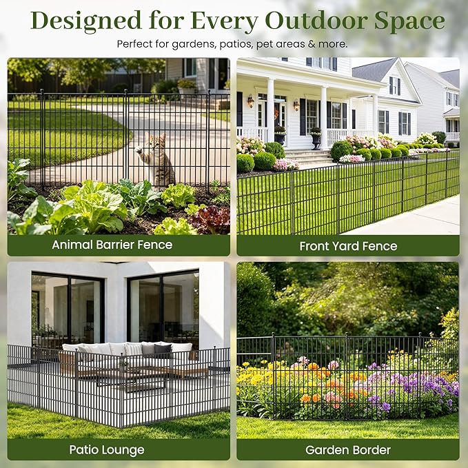 15 Panels No Dig Decorative Outdoor Garden Fence with Gate for Yard, 32 in(H) X 35.4 ft(L) Animal Barrier Fencing Rustproof Metal Wire Panel Border for Dog, Rabbits, and Patio Temporary Ground Stakes