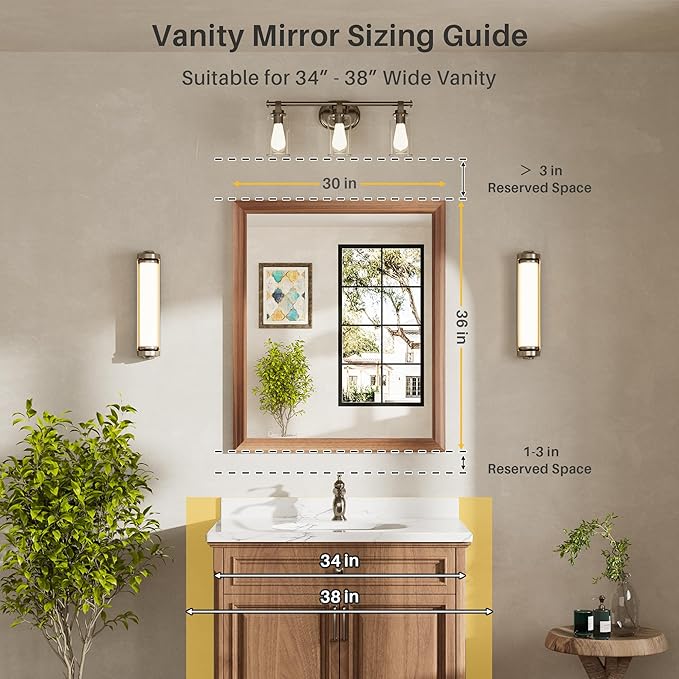 36x30 Inch Bathroom Mirror for Wall, Anti-Rust Walnut Wood Grain Metal Framed