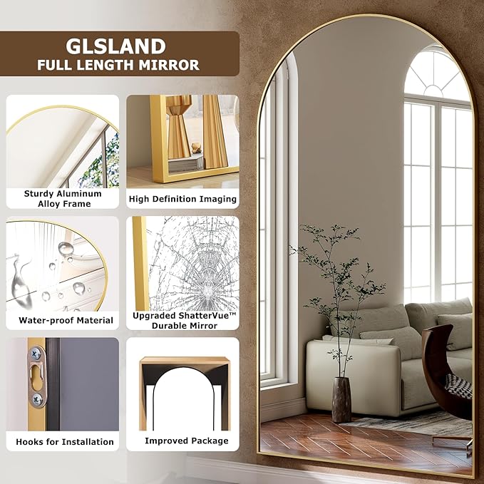 GLSLAND-34x76 inch Wall Mount Arched Full Length Mirror-Aluminum Alloy Frame