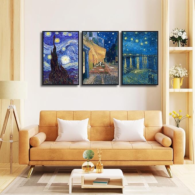 Wieco Art Black Framed 3 Panels Canvas Prints of Vincent Van Gogh Paintings