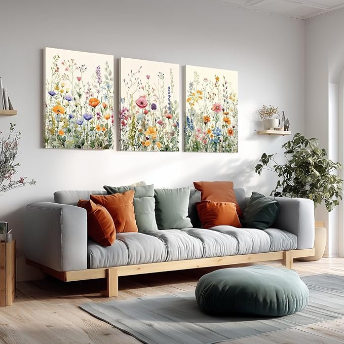 LLEEMPI Framed Watercolor Floral Wall Art Set of 3, Colorful Wildflower Wall