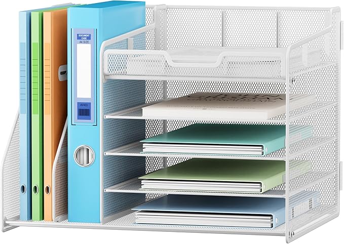 Lavatino 5-Tier Desk Organizer with 2 File Holders, Metal Adjustable Paper Letter Tray for Office or Home Desk Organizers and Accessories | 7 Flexible Dividers Keep Workspace Supplies Neat, White