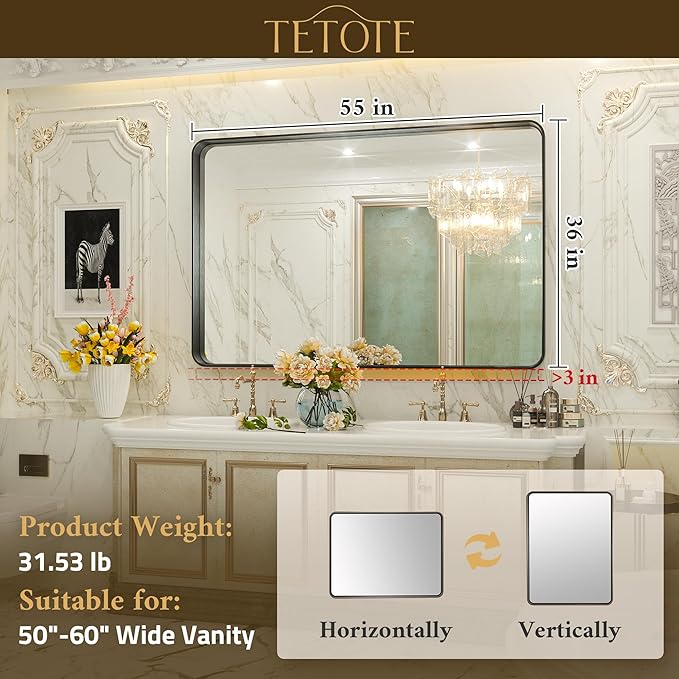 TETOTE Black Bathroom Mirror, 55 x 36 Inch Matte Metal Frame Modern Farmhouse