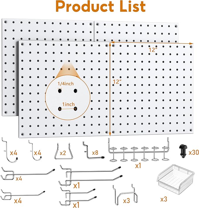 Peg Board, 4 Pack White Peg Board Panels, 50lbs Load Capacity Each, Pegboard